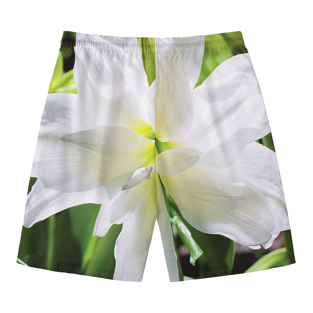 White Amaryllis Print Men's Swim Trunks