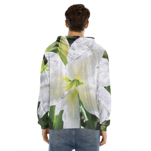 White Amaryllis Print Men's Velvet Pullover Hoodie