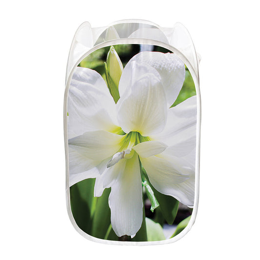 White Amaryllis Print Mesh Laundry Hamper