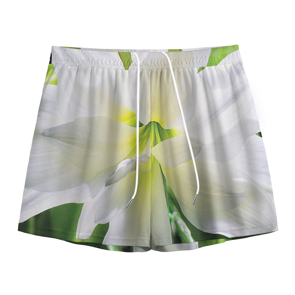 White Amaryllis Print Mesh Shorts