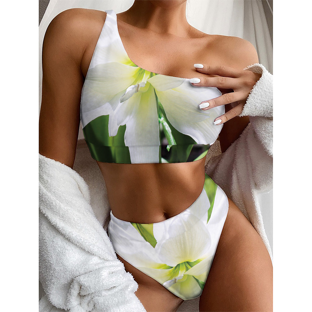 White Amaryllis Print One Shoulder Bikini Top