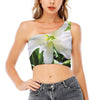 White Amaryllis Print One Shoulder Crop Top