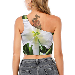 White Amaryllis Print One Shoulder Crop Top