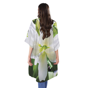 White Amaryllis Print Open Front Beach Cover Up