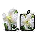 White Amaryllis Print Oven Mitt And Pot Holder Set