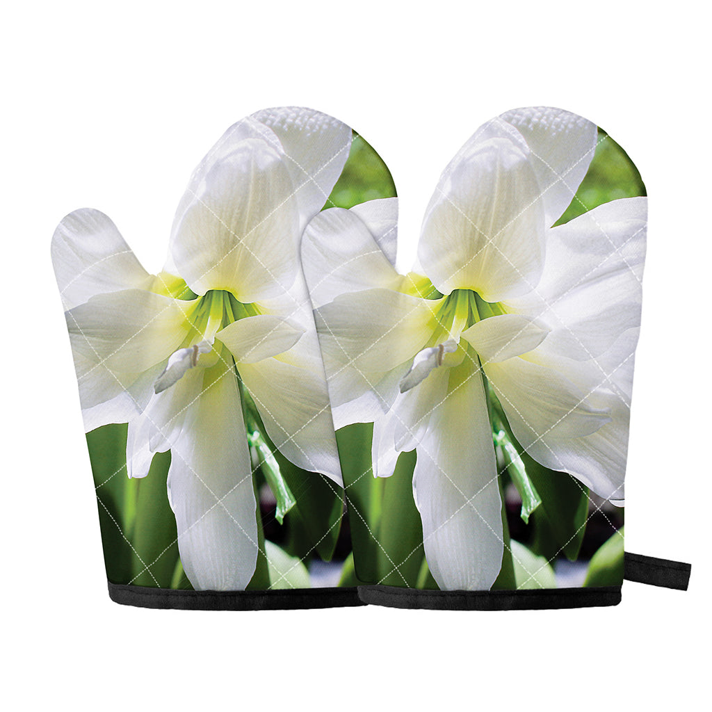 White Amaryllis Print Oven Mitts
