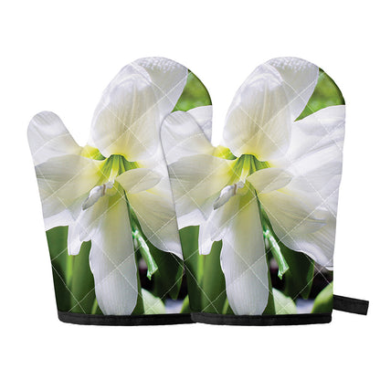 White Amaryllis Print Oven Mitts