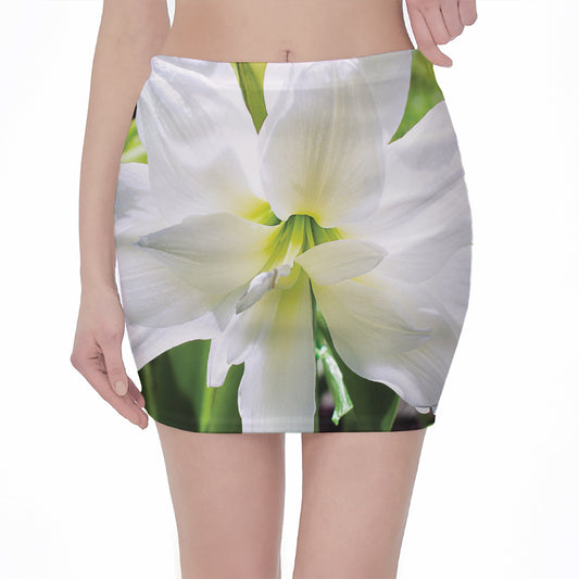 White Amaryllis Print Pencil Mini Skirt
