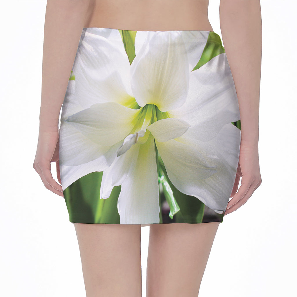 White Amaryllis Print Pencil Mini Skirt