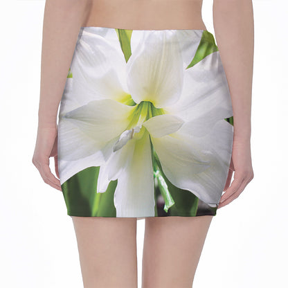 White Amaryllis Print Pencil Mini Skirt