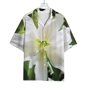 White Amaryllis Print Rayon Hawaiian Shirt