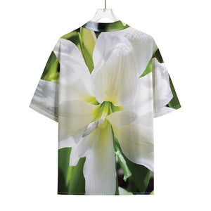 White Amaryllis Print Rayon Hawaiian Shirt