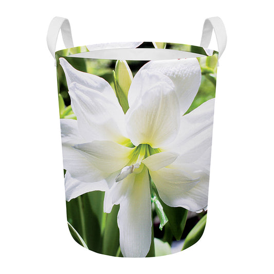 White Amaryllis Print Round Laundry Basket