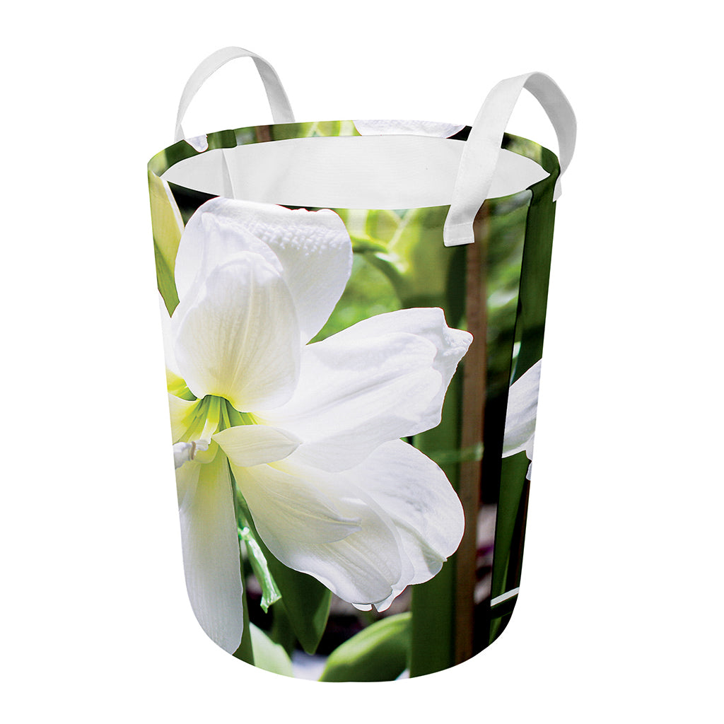 White Amaryllis Print Round Laundry Basket