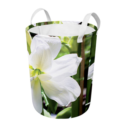 White Amaryllis Print Round Laundry Basket