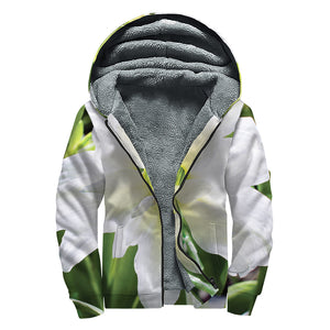 White Amaryllis Print Sherpa Lined Zip Up Hoodie