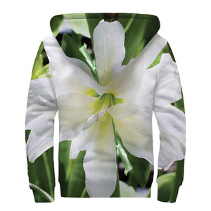 White Amaryllis Print Sherpa Lined Zip Up Hoodie