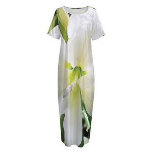 White Amaryllis Print Short Sleeve Long Nightdress