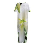 White Amaryllis Print Short Sleeve Long Nightdress