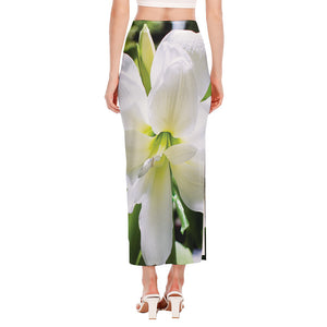 White Amaryllis Print Side Slit Maxi Skirt