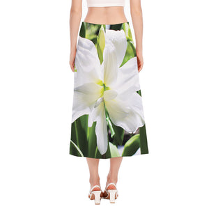 White Amaryllis Print Side Slit Midi Skirt