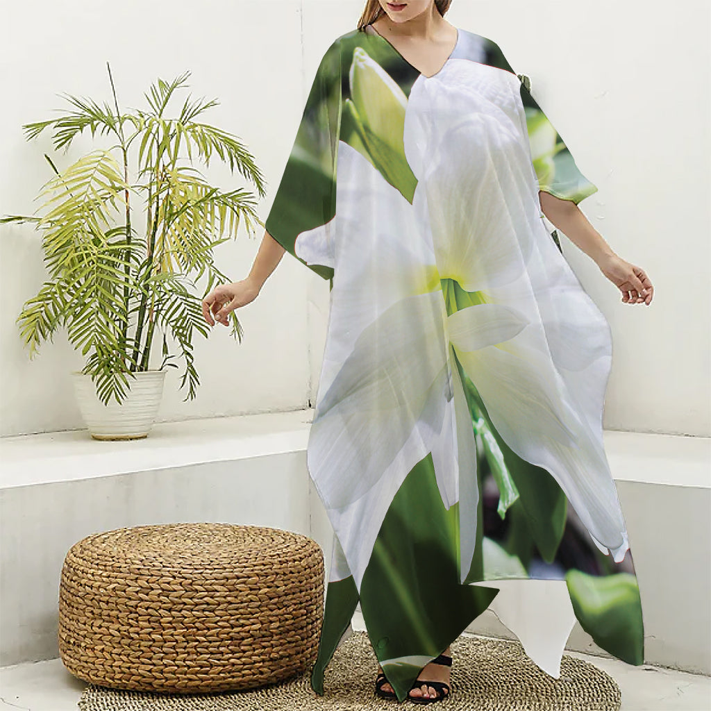 White Amaryllis Print Silk V-Neck Kaftan Dress