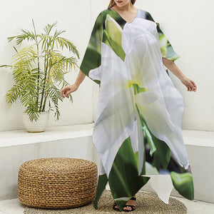 White Amaryllis Print Silk V-Neck Kaftan Dress