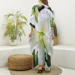 White Amaryllis Print Silk V-Neck Kaftan Dress