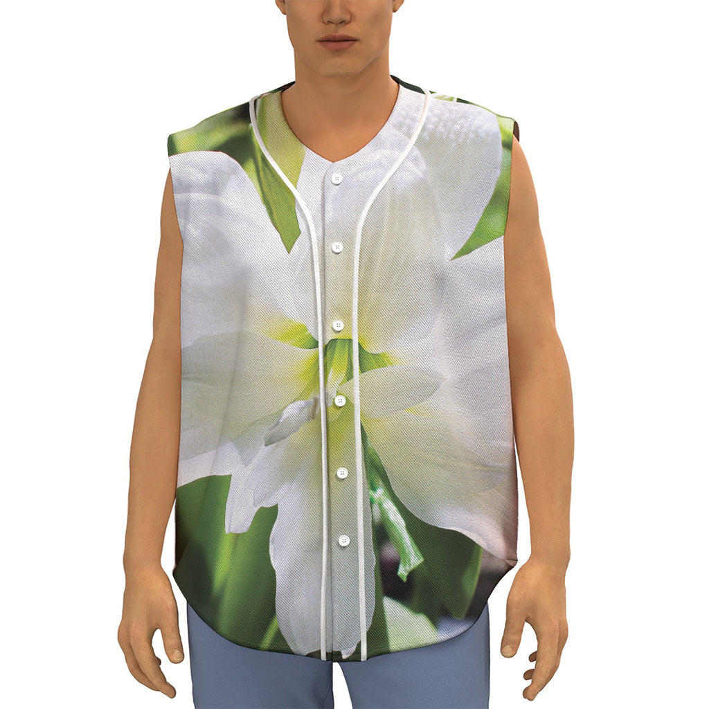 White Amaryllis Print Sleeveless Baseball Jersey