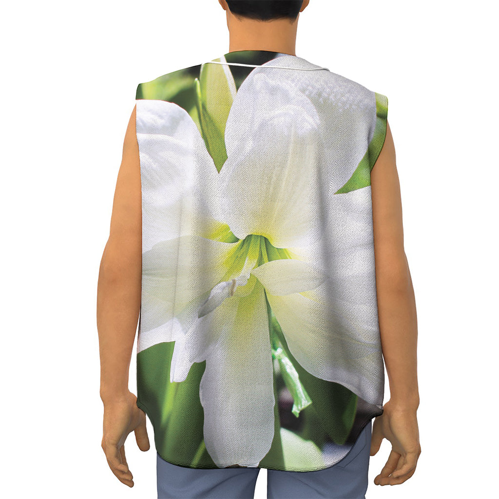 White Amaryllis Print Sleeveless Baseball Jersey