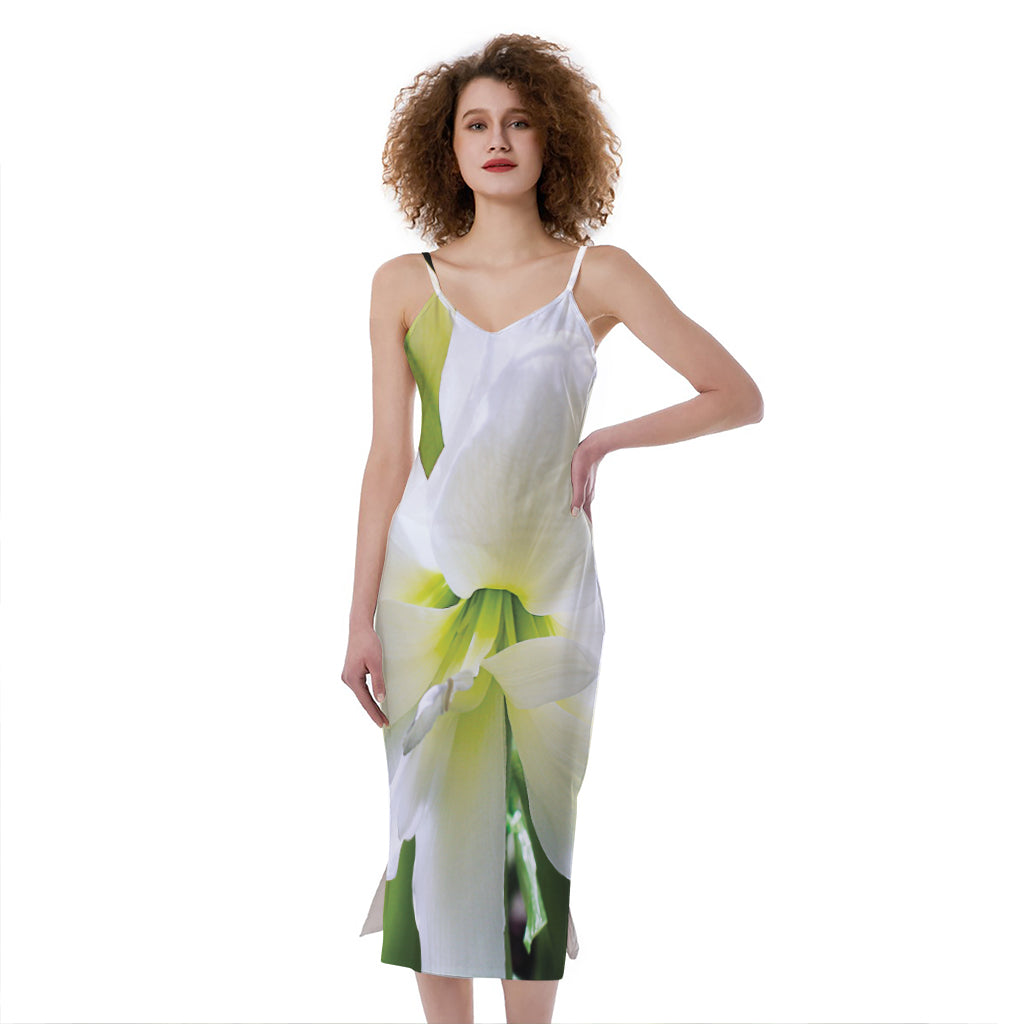 White Amaryllis Print Slim Fit Midi Cami Dress