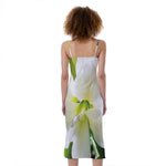 White Amaryllis Print Slim Fit Midi Cami Dress