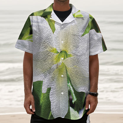 White Amaryllis Print Textured Short Sleeve Shirt