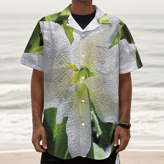 White Amaryllis Print Textured Short Sleeve Shirt