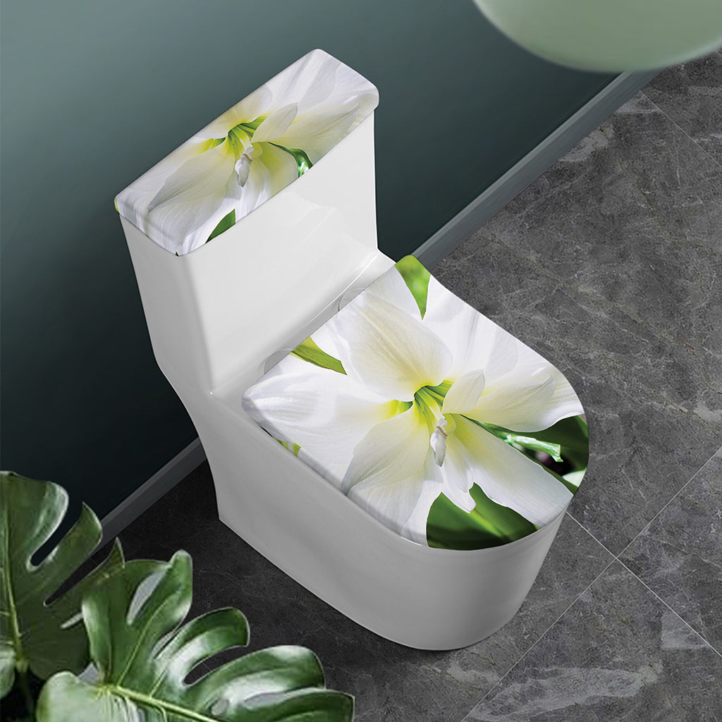 White Amaryllis Print Toilet Lid And Tank Cover Set