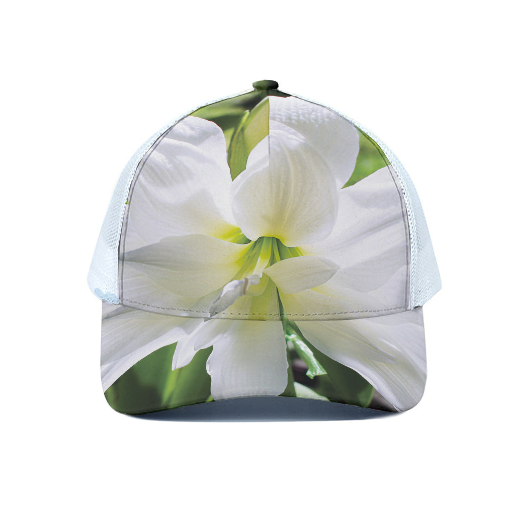 White Amaryllis Print White Mesh Trucker Cap