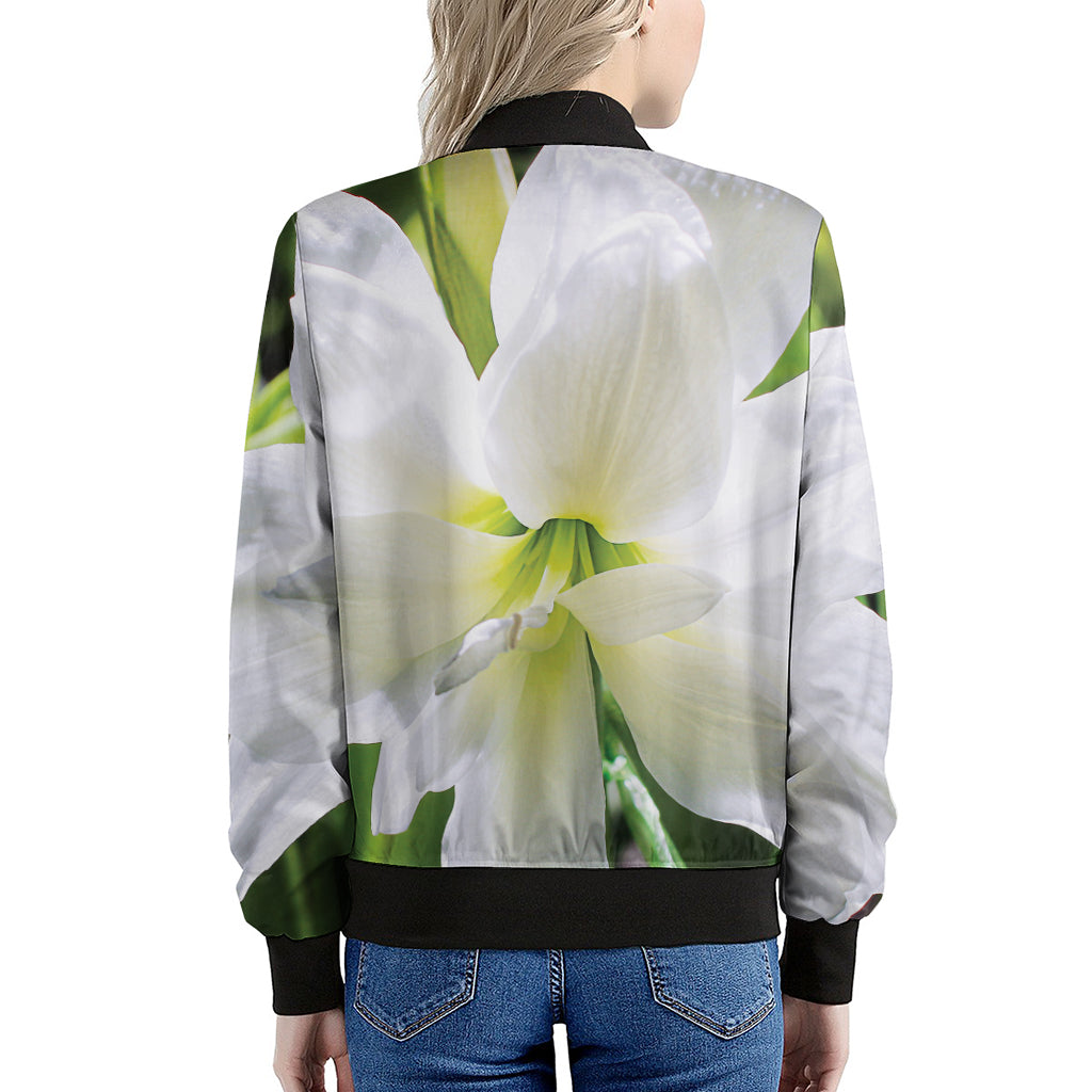 White Amaryllis Print Women's Bomber Jacket