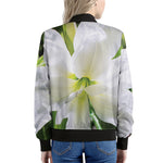 White Amaryllis Print Women's Bomber Jacket