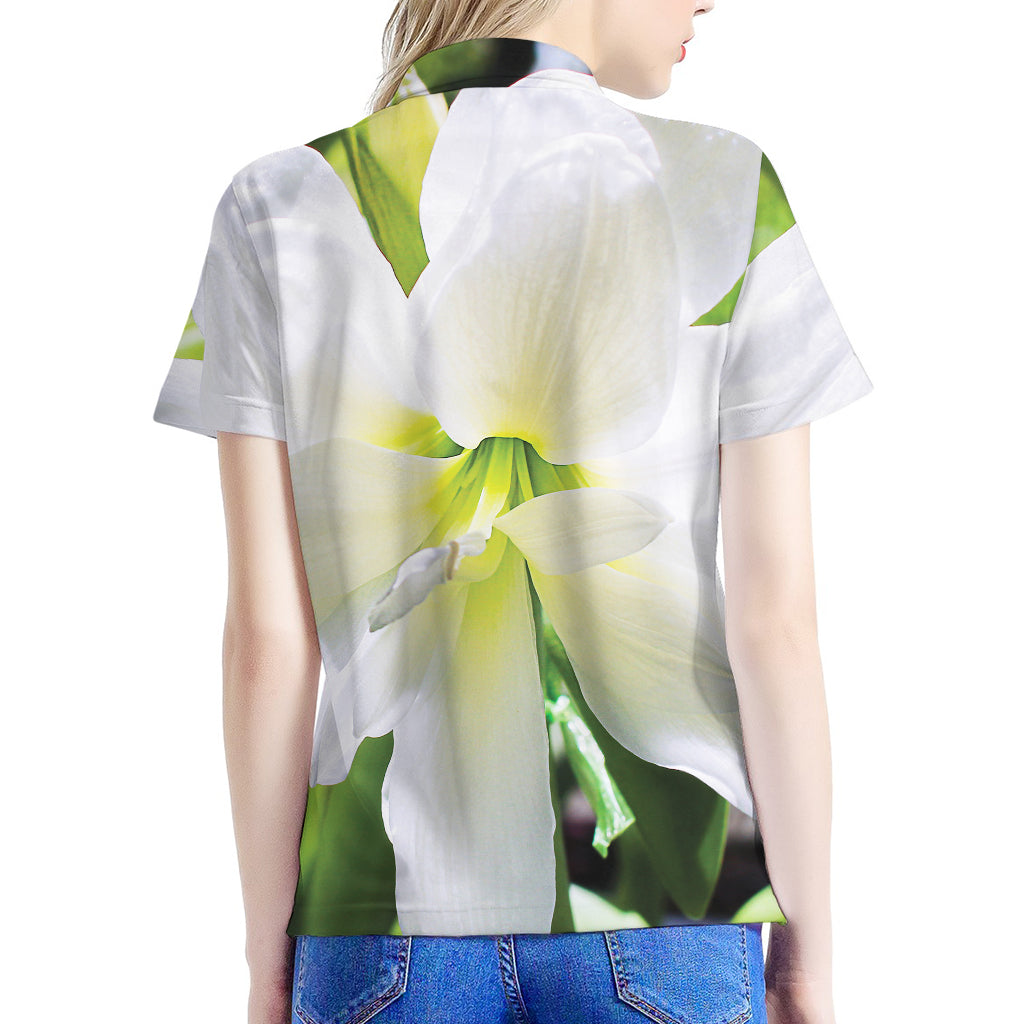 White Amaryllis Print Women's Polo Shirt