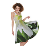 White Amaryllis Print Women's Sleeveless Dress