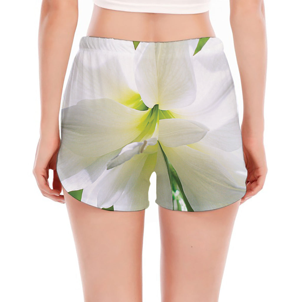 White Amaryllis Print Women's Split Running Shorts