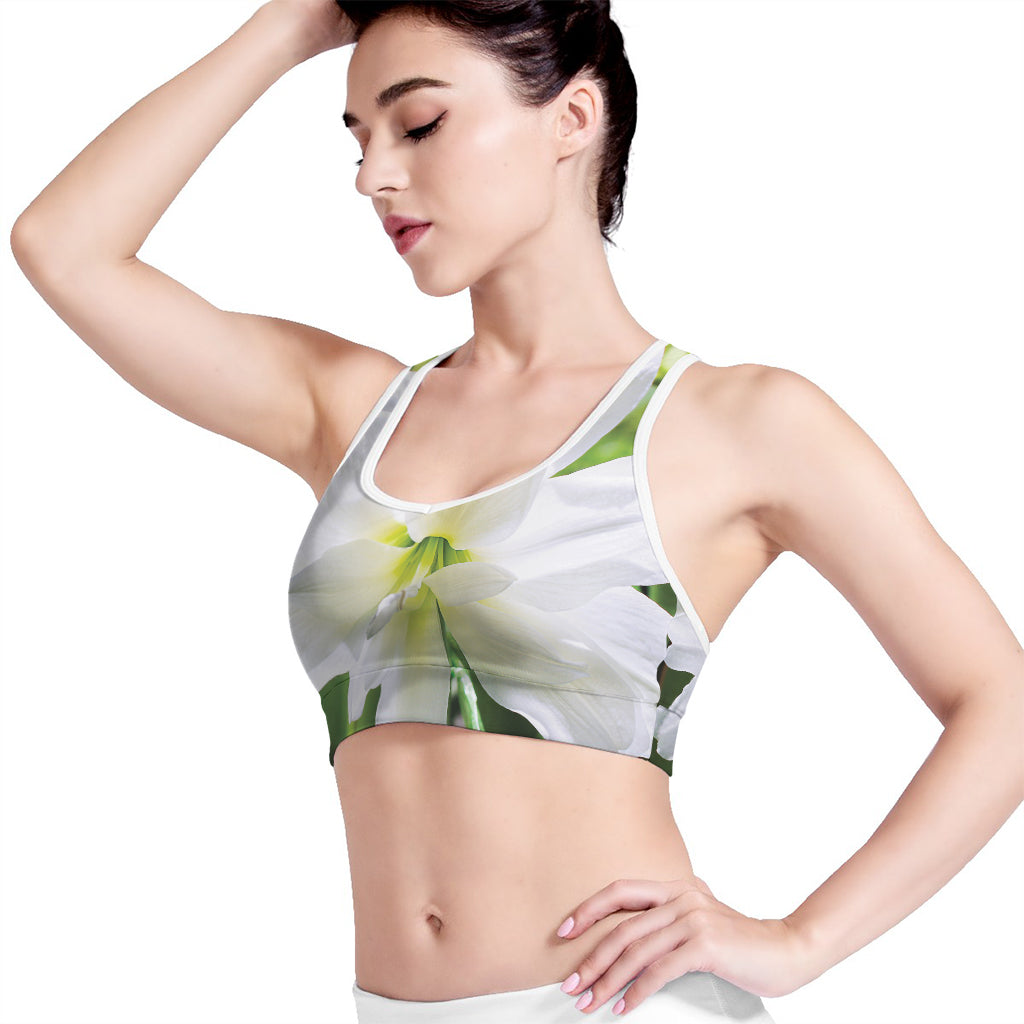 White Amaryllis Print Women's Sports Bra