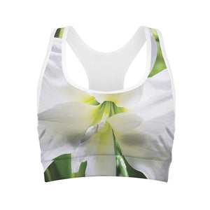 White Amaryllis Print Women's Sports Bra