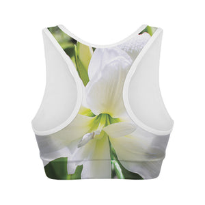 White Amaryllis Print Women's Sports Bra