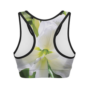 White Amaryllis Print Women's Sports Bra