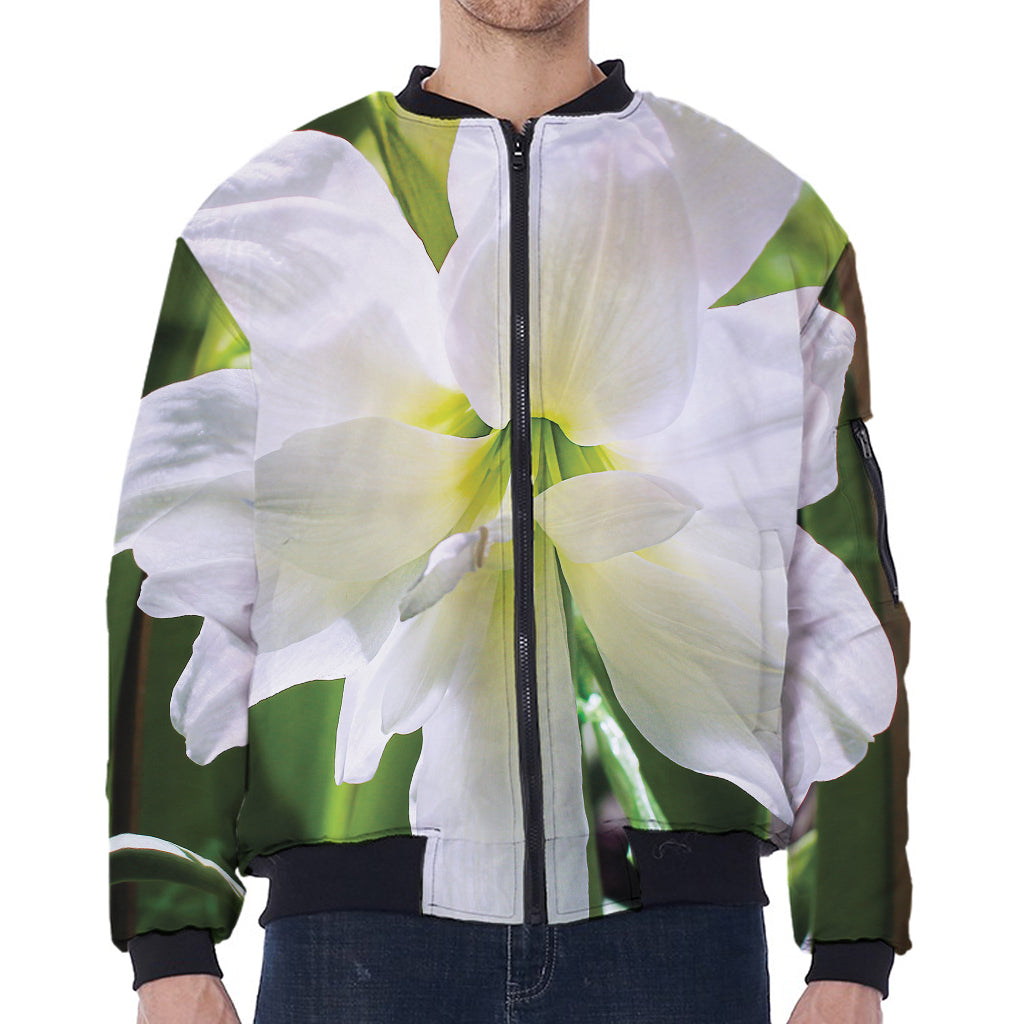 White Amaryllis Print Zip Sleeve Bomber Jacket