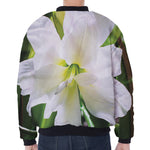 White Amaryllis Print Zip Sleeve Bomber Jacket