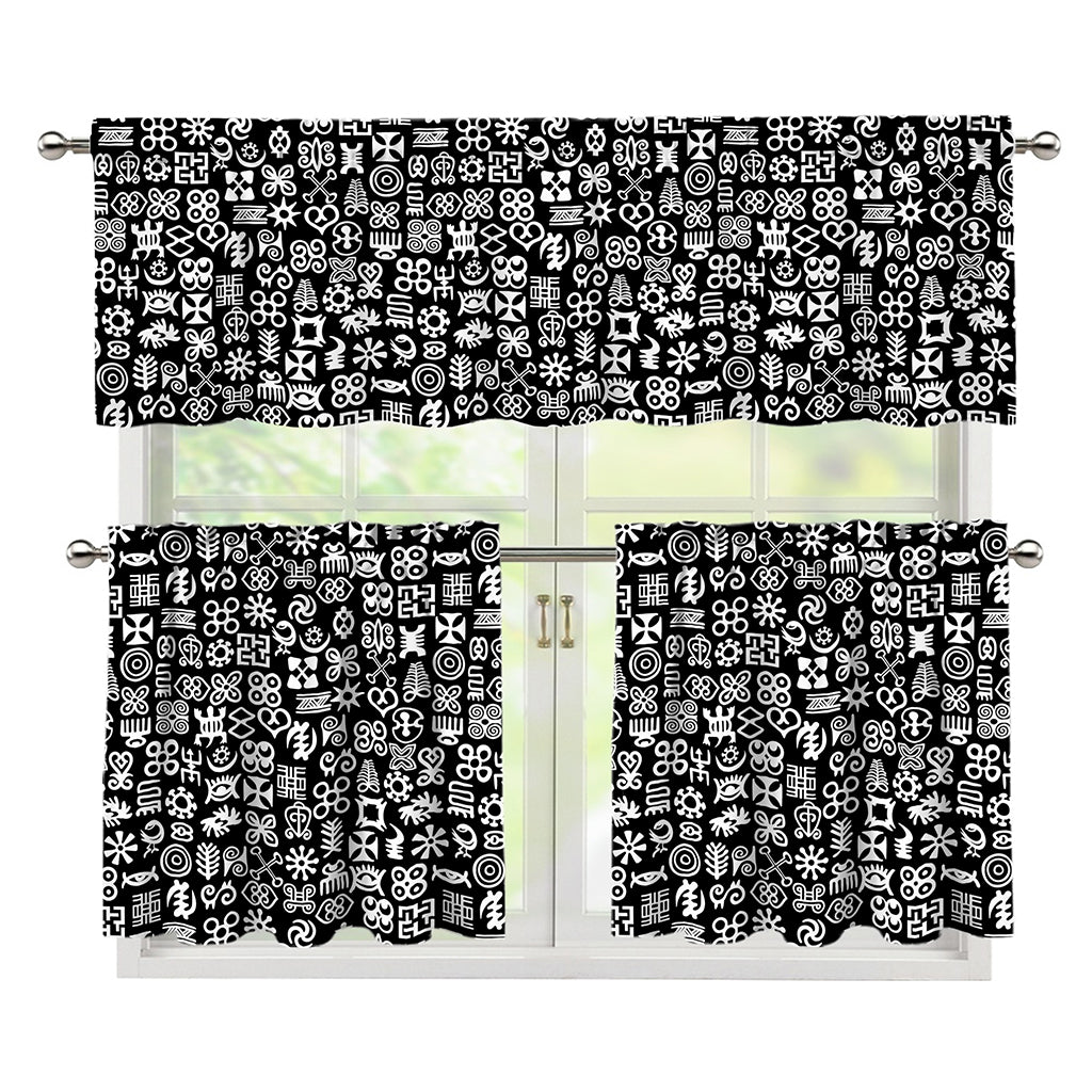 White And Black Adinkra Symbols Print 3 Piece Kitchen Curtains