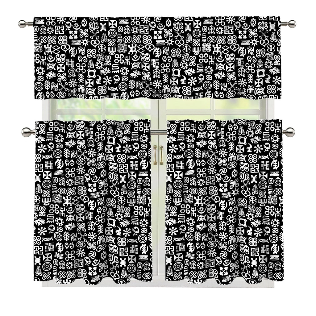 White And Black Adinkra Symbols Print 3 Piece Kitchen Curtains