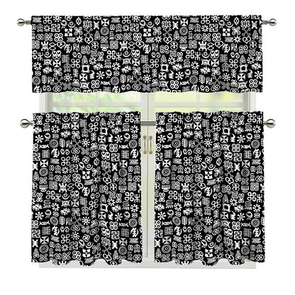 White And Black Adinkra Symbols Print 3 Piece Kitchen Curtains